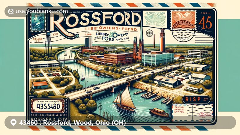 Modern illustration of Rossford, Wood County, Ohio, featuring the Maumee River, Libbey-Owens-Ford Glass Company, and community landmarks like Edward Ford Memorial Park. Design inspired by postcards and airmail envelopes with ZIP code 43460, capturing the city's history, glass industry ties, and vibrant community spirit.