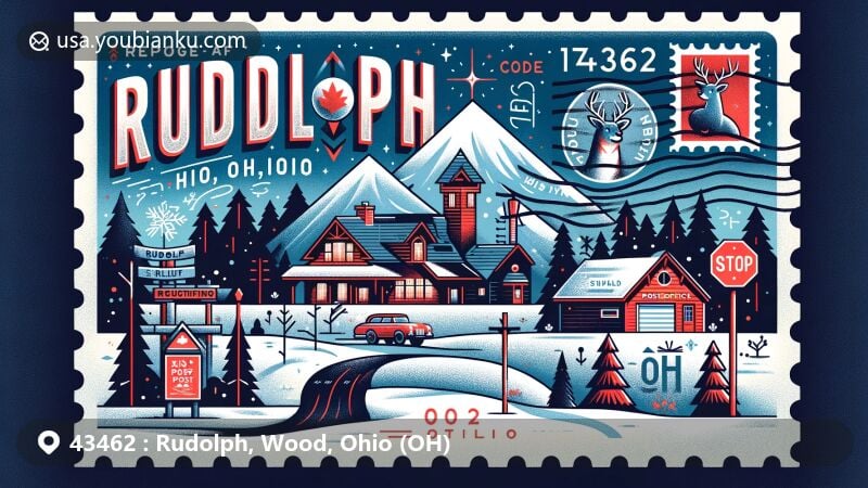 Modern illustration of Rudolph, Ohio, in Wood County, showcasing postal theme with ZIP code 43462, featuring iconic postcard design with references to local post office and Rudolph Savanna.