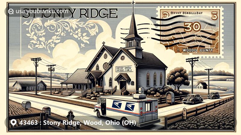 Modern illustration of Stony Ridge, Wood County, Ohio, showcasing local churches, rural landscape, and postal theme with ZIP code 43463, featuring vintage postal truck and mailboxes on country road.