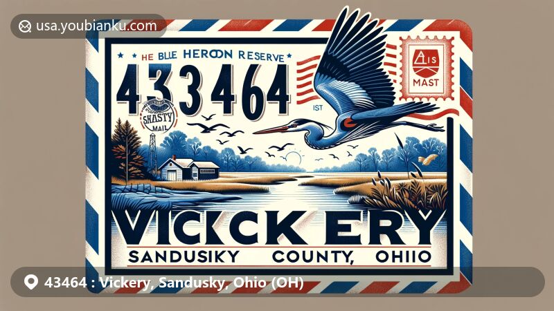 Modern illustration of Vickery, Sandusky County, Ohio, with ZIP code 43464, highlighting vintage air mail envelope design and Blue Heron Reserve, known for wetlands and bird habitat, featuring Ohio state flag.