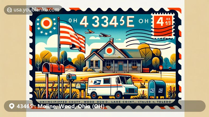 Contemporary illustration of Moline, Wood County, Ohio (OH), featuring local charm near Lake Township, road connections to Toledo, and modern postal elements with Ohio state flag and ZIP code 43465.
