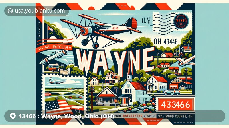 Modern illustration of Wayne, Wood County, Ohio, showcasing postal theme with ZIP code 43466, featuring vintage postage stamp, 'Wayne, OH 43466' postmark, and airmail stripe. Village scene includes quaint rural setting, River Bottom Assault battleground as historical landmark, and Mount Zion Cemetery representing local heritage. Ohio state flag subtly integrated for cultural reference.
