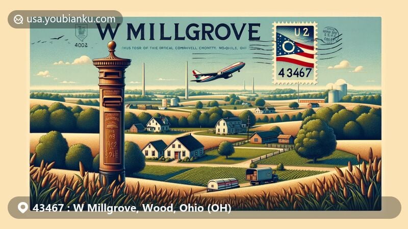 Modern illustration of W Millgrove, Wood County, Ohio, blending village life with postal theme, showcasing rural landscape of Northwest Ohio and vintage postal elements.