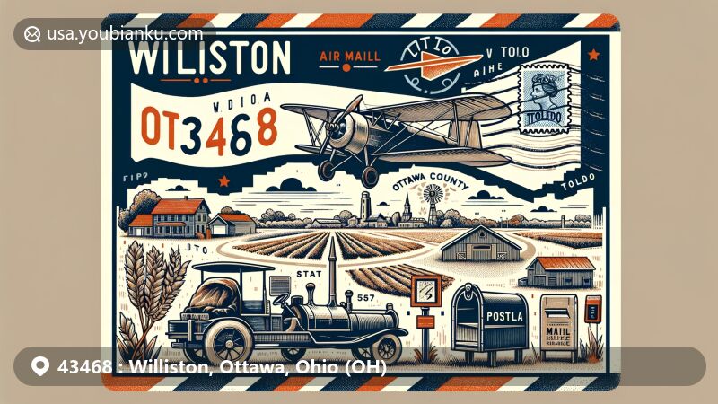 Modern illustration of Williston, Ohio, Ottawa County, showcasing a creative blend of an airmail envelope with local spirit, featuring community elements, county map outline, Toledo area landmarks, and postal elements like vintage stamps, postal markings with '43468' ZIP code, and antique mailboxes or postal vehicles, creating a peaceful rural ambiance possibly hinting at local agricultural landscapes or State Route 579 connecting Williston with surrounding areas.