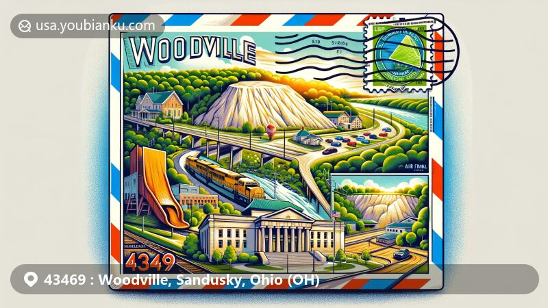 Modern illustration of Woodville, Sandusky County, Ohio, with postal theme highlighting ZIP code 43469, limestone industry, Maumee and Western Reserve Turnpike, Portage River, and Trailmarker Park.