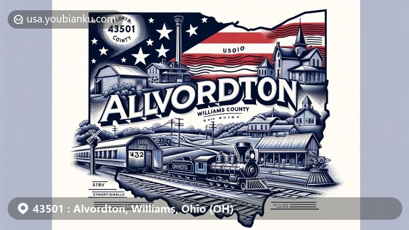 Modern illustration of Alvordton, a small village in Williams County, Ohio, capturing its rural charm and community spirit.