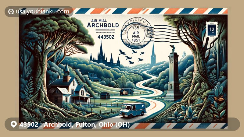Modern illustration of Archbold, Ohio (Archbold Village in Fulton County, Ohio) with postal theme highlighting ZIP code 43502, featuring Goll Woods State Nature Preserve, village skyline silhouette, and vintage postage elements.