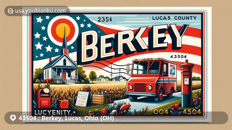 Modern illustration of Berkey, Lucas County, Ohio, highlighting postal theme with ZIP code 43504, featuring Ohio state flag and rural elements representing village life.