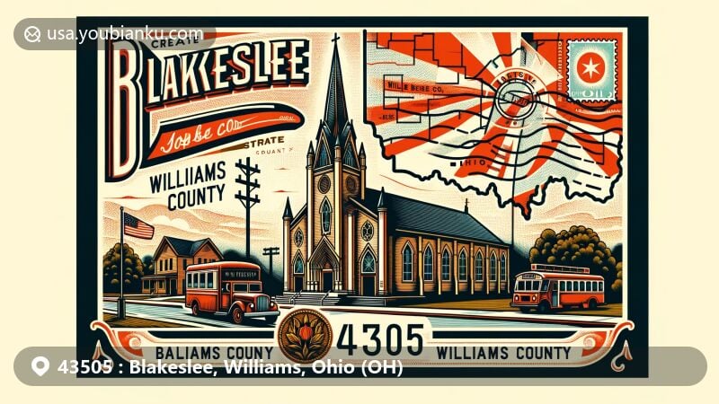 Modern illustration of Blakeslee, Williams County, Ohio, with St Joseph Catholic Church, Ohio state flag, and postal elements including vintage postage stamp and mail carriage, highlighting ZIP code 43505.