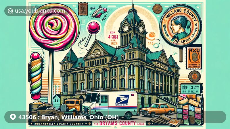 Modern illustration of Bryan, Ohio, in Williams County, highlighting Williams County Courthouse, Dum Dum lollipops, Etch A Sketch, vintage postal elements, and ZIP code 43506.
