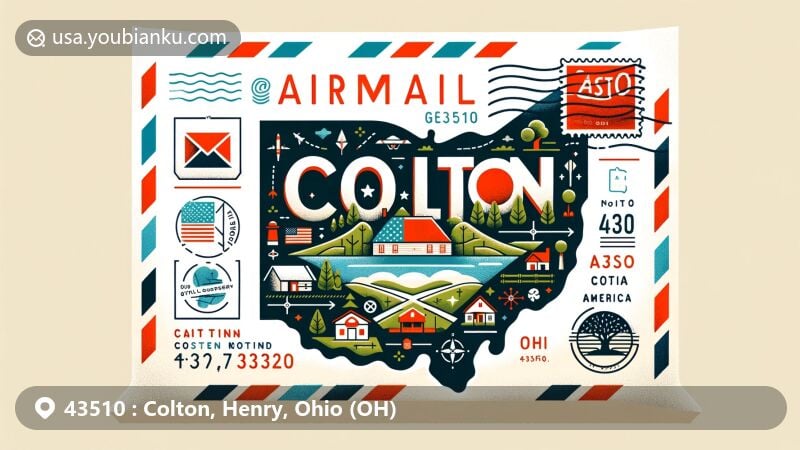 Modern illustration of Colton, Henry County, Ohio, showcasing postal theme with ZIP code 43510, featuring local natural landscapes and key features, such as trees and a small house.