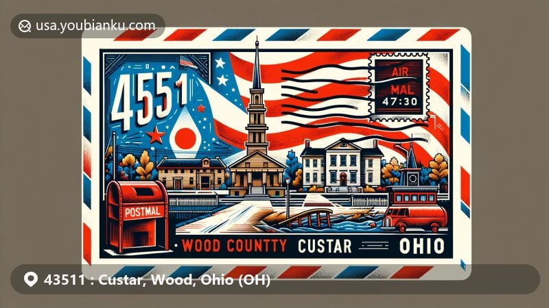 Modern illustration of Custar, Wood County, Ohio, blending postal elements with landmarks like Wood County Historical Center and Museum, Fort Meigs, and Ohio state flag, styled as air mail envelope with vintage feel.