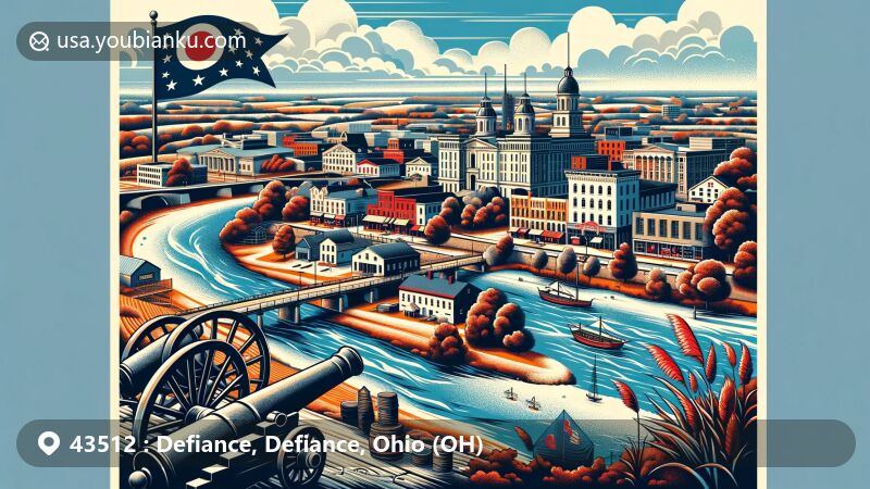 Modern illustration of Defiance, Ohio, highlighting Fort Defiance, Auglaize and Maumee Rivers, historic downtown with over 100 merchants, and Ohio state flag elements.