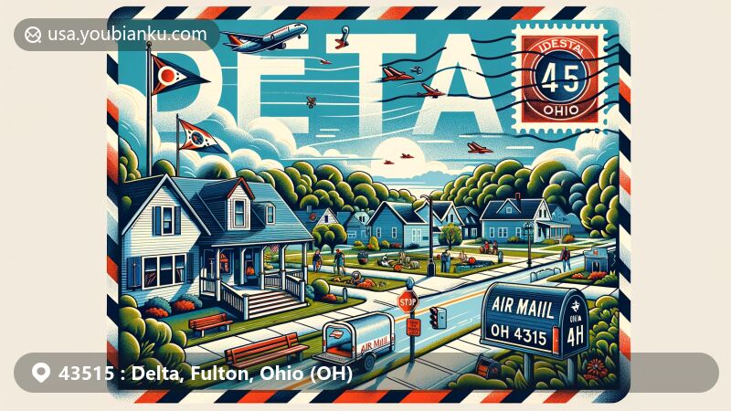 Illustration of Delta, Fulton County, Ohio, designed as an air mail envelope, featuring serene living environment, community spirit, and local sports enthusiasm against Northwest Ohio's beautiful countryside.