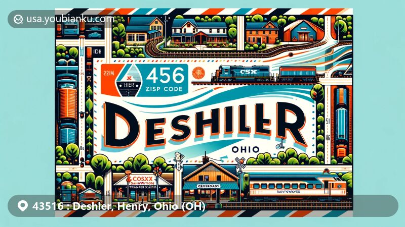 Modern illustration of Deshler, Henry County, Ohio, with postal theme for ZIP code 43516, highlighting CSX Transportation railways, Crossroads Park, and Ohio state flag elements.