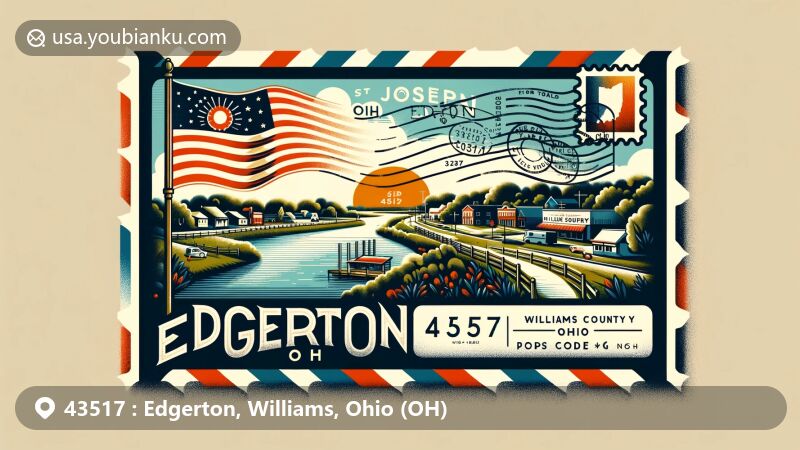 Modern illustration of Edgerton, Williams County, Ohio, blending natural beauty of St. Joseph River with postal theme of ZIP code 43517, featuring iconic elements and stamps.