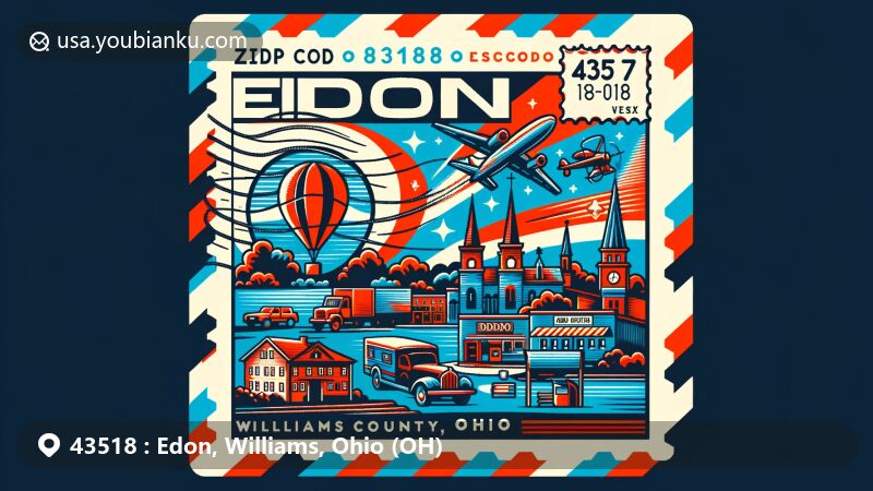 Modern illustration of Edon, Williams County, Ohio, representing ZIP code 43518 with vibrant colors and contemporary design, showcasing small-town charm, cultural significance, and local landmarks like the outline of Williams County and hints at the Indiana state line.