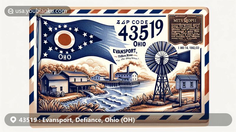 Modern illustration of Evansport, Ohio, showcasing vintage air mail envelope with Tiffin River, old mill, historical marker sign, and Ohio state flag, representing local history and state identity.