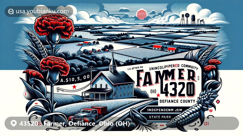 Vibrant illustration of Farmer, Defiance County, Ohio, capturing the essence of rural landscape and community spirit with State Routes 2 and 249, red carnation, Old Fort Defiance Park, and Independence Dam State Park, featuring postal theme with vintage postcard elements and ZIP Code 43520.