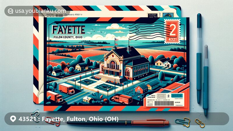 Modern illustration of Fayette, Fulton County, Ohio, showcasing postal theme with ZIP code 43521, featuring Fayette Opera House and Ohio landscapes.