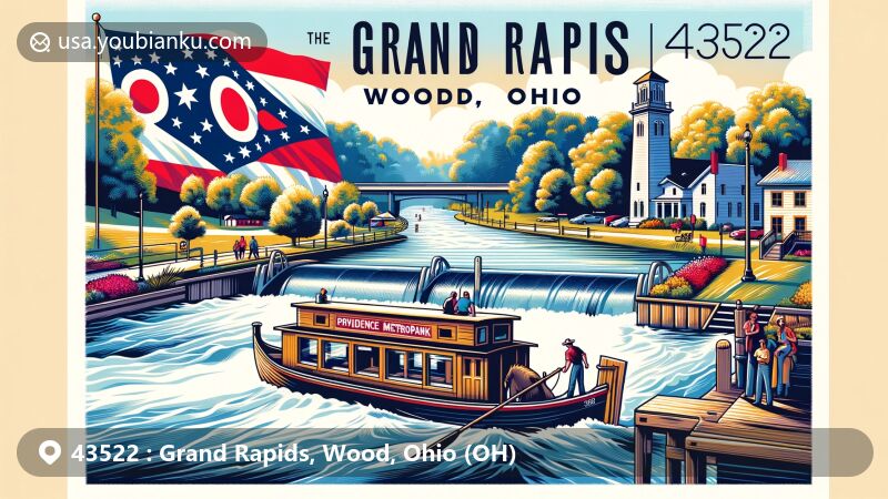Vintage postcard-style illustration of Grand Rapids, Wood County, Ohio, featuring Maumee River, Providence Metropark with 1800s canal boat, and Mary Jane Thurston State Park, highlighting the area's history and natural beauty.