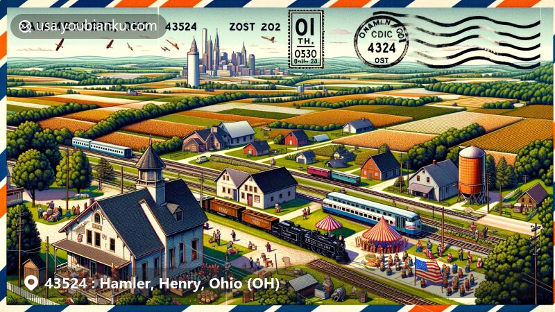 Modern illustration of Hamler village, Henry County, Ohio, showcasing rural farming community charm with village appeal, agricultural lands, and vibrant Hamler Summerfest atmosphere.
