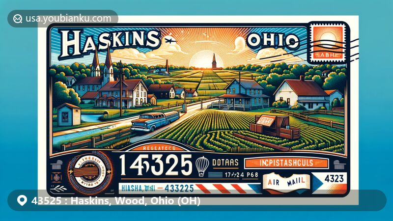 Modern illustration of Haskins, Ohio, located in Wood County and showcasing rural beauty, community pride, education commitment, and postal elements, reflecting village's history, culture, and modern living.