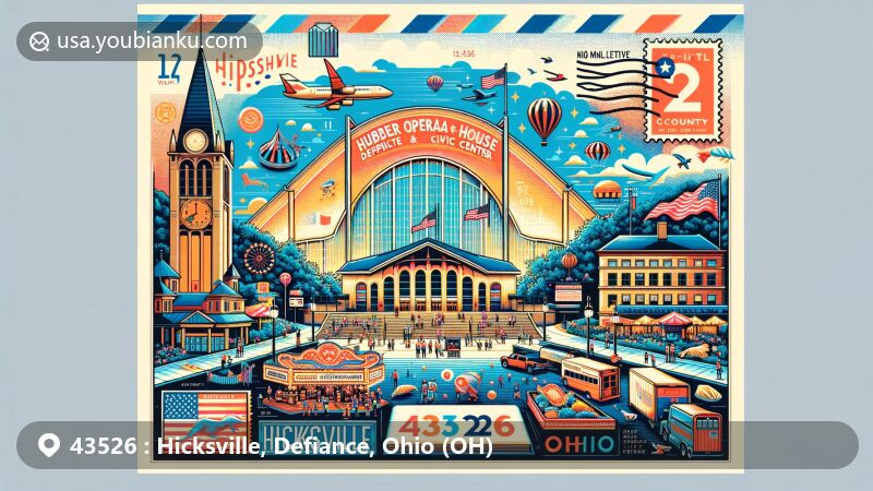Modern illustration of Hicksville, Defiance County, Ohio, featuring Huber Opera House & Civic Center and Defiance County Fair, with postal elements and vibrant imagery.
