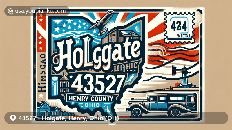 Modern illustration of Holgate, Henry County, Ohio, with ZIP code 43527, inspired by vintage postcard design, featuring outline of Henry County, prominent postal elements, and American symbols.