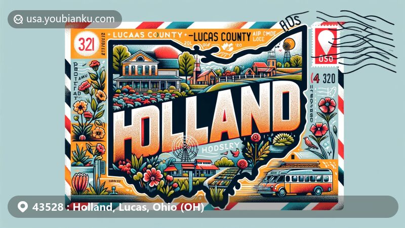 Modern illustration of Holland, Lucas County, Ohio, with emphasis on ZIP code 43528, showcasing community spirit, local landmarks, and Ohio state symbols like the cardinal and carnation.
