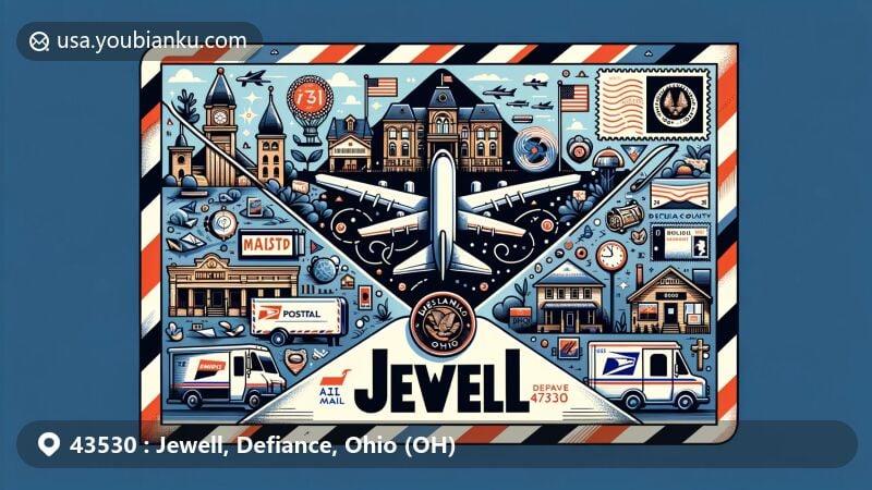 Modern illustration of an open airmail envelope showcasing elements representing Jewell, Ohio, including geographical layout, iconic buildings or landmarks of Defiance County, Ohio state flag, and postal elements such as stamps, postmark (with ZIP Code 43530), mailbox, and mail truck.