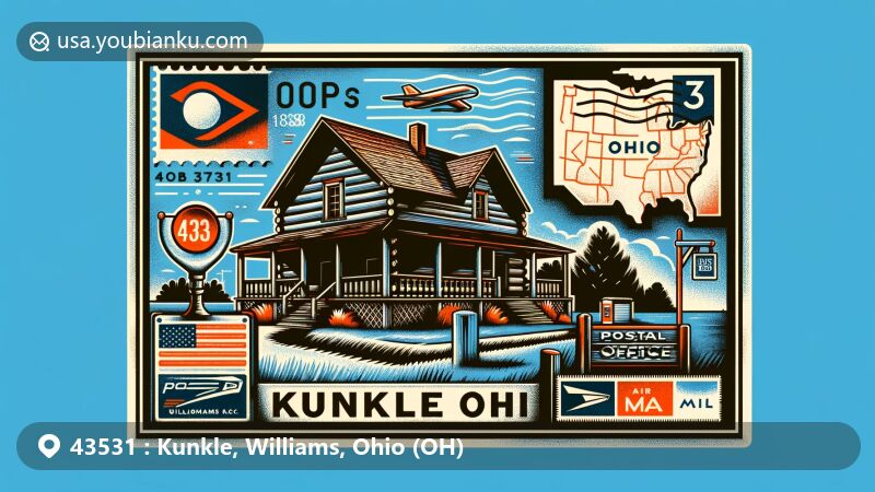 Modern illustration of Kunkle, Ohio, showcasing postal culture and charm with Kunkle Log House, Williams County outline, post office symbolizing ZIP code 43531, air mail envelope, stamp, and postmark.