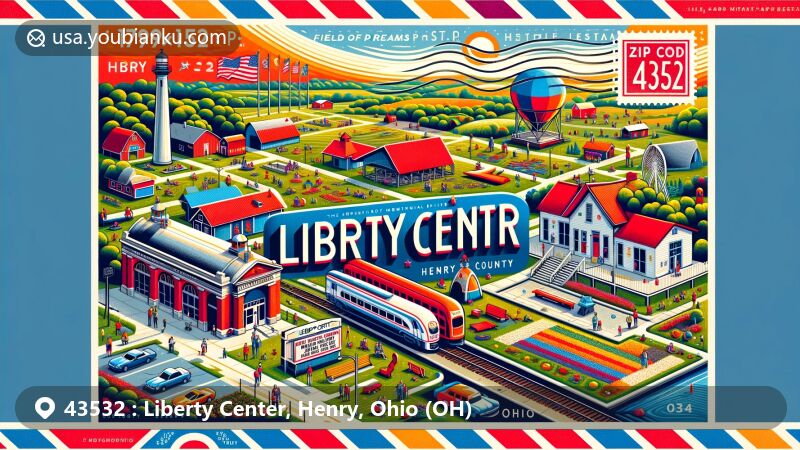 Modern illustration of Liberty Center, Henry County, Ohio, showcasing postal theme with ZIP code 43532, featuring Wabash Depot, Veterans Memorial Park, and Field of Dreams Drive-In Theater.