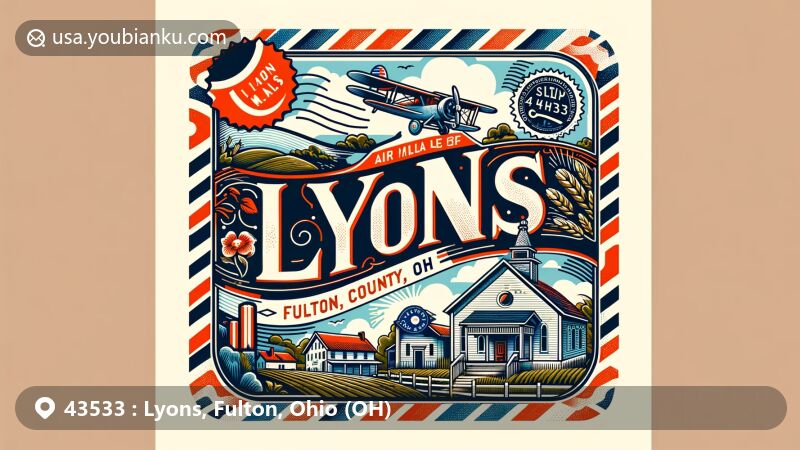 Modern illustration of Lyons, Fulton County, Ohio, showcasing postal theme with ZIP code 43533, featuring historic First Universalist Church of Lyons and Ohio state symbols.