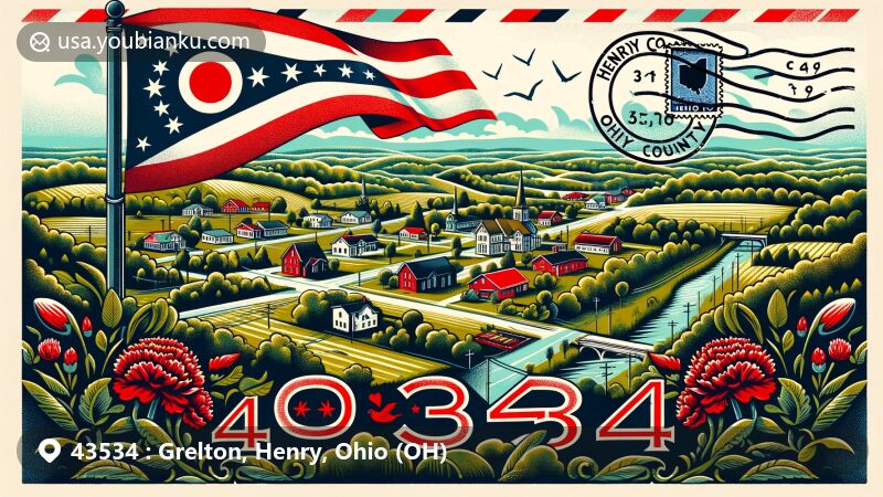 Modern illustration representing Grelton, Henry County, Ohio, featuring state symbols such as the flag, red carnation, and Ohio buckeye, designed as a vintage postcard with Ohio cardinal stamp and 'Grelton, OH 43534' postmark.