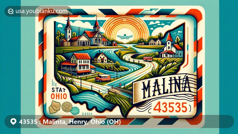 Modern illustration of Malinta, Ohio, in Henry County, featuring postal theme with ZIP code 43535, showcasing state of Ohio outline and Henry County's geographical shape, incorporating symbolic landmarks and cultural elements of Malinta in a creative and colorful manner.