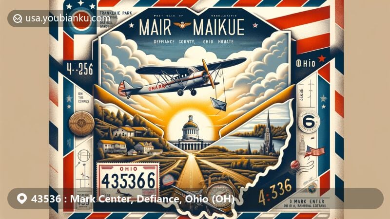 Modern illustration featuring ZIP code 43536, Mark Center, Defiance County, Ohio, with vintage air mail envelope, Ohio map, state flag, landmarks like Franklin Park Conservatory, US Air Force Museum, and Ohio Statehouse, and a vintage plane symbolizing communication.