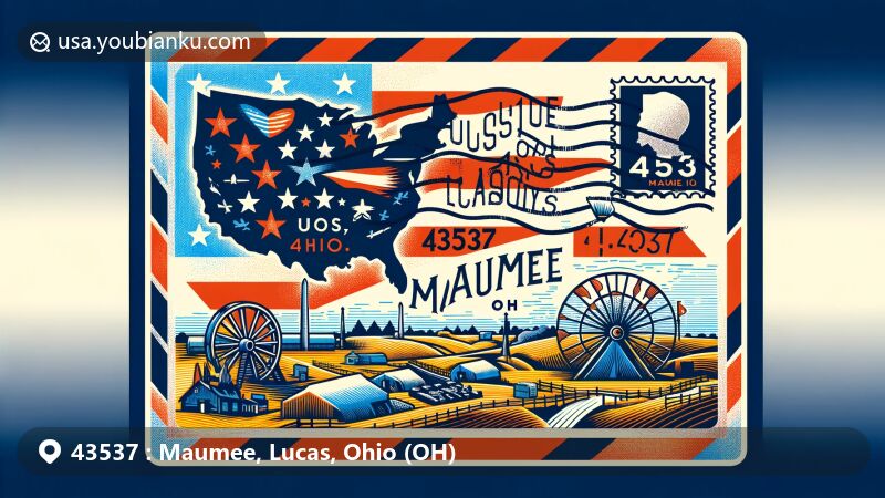Modern illustration of Maumee, Ohio, showcasing postal theme with ZIP code 43537, featuring Fallen Timbers Battlefield and Fort Miamis, along with symbolic landmarks and US flag elements.