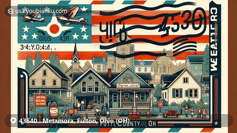 Modern illustration of Metamora, Fulton County, Ohio, capturing the town's charm with a welcoming residential scene reflecting diverse demographics, including families and individuals of all ages. Featuring Evergreen Local School and subtly integrating the Ohio state flag, symbolizing the state's identity. The foreground designed as an airmail envelope, symbolizing postal theme, prominently displaying the '43540' ZIP code. The envelope includes a postage stamp depicting the village's geographic outline, a postmark from Metamora, OH, and a stylized portrayal of Metamora State Bank, showcasing the local economy. The artwork in a contemporary illustration style is ideal for web placement, creatively highlighting Metamora's uniqueness and postal significance.