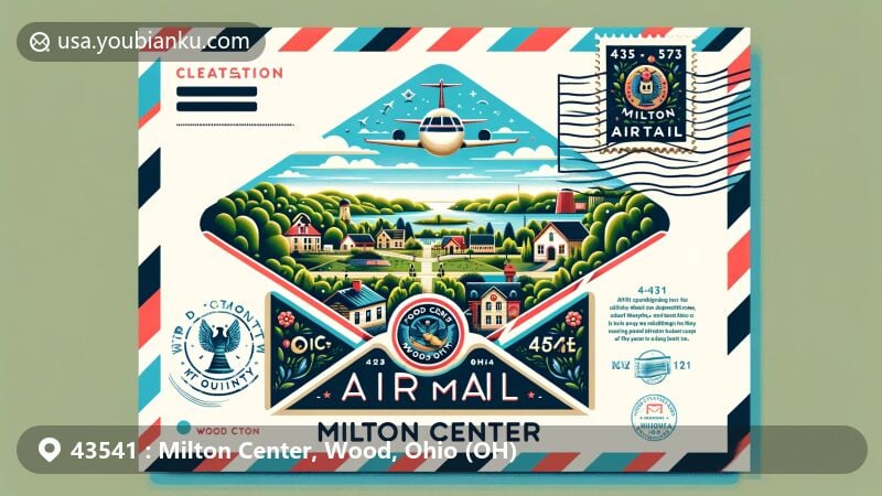 Modern illustration of Milton Center, Ohio, transformed into an airmail envelope, capturing the essence of the village with symbolic cottages, greenery, and postal elements, surrounded by Wood County's landmarks like Fort Meigs and the Maumee River.