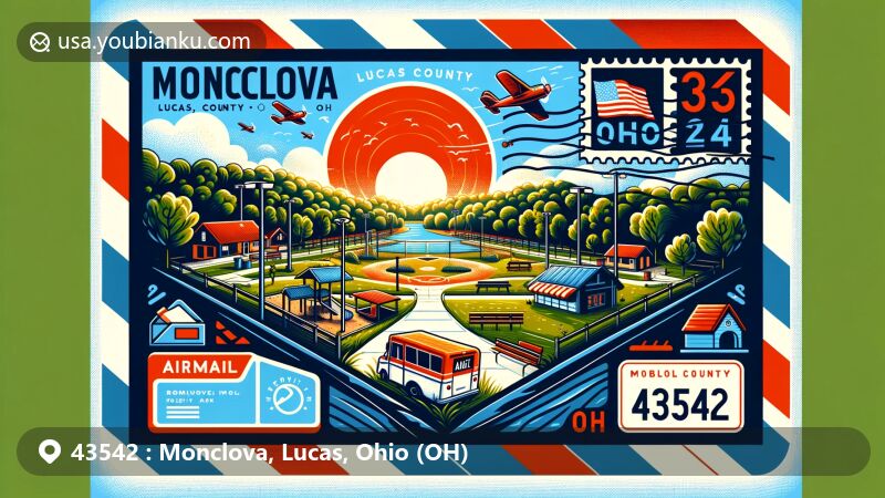 Modern illustration of Monclova, Lucas County, Ohio, with ZIP code 43542, featuring airmail envelope design and postal elements, showcasing Keener Park and Ohio state flag.