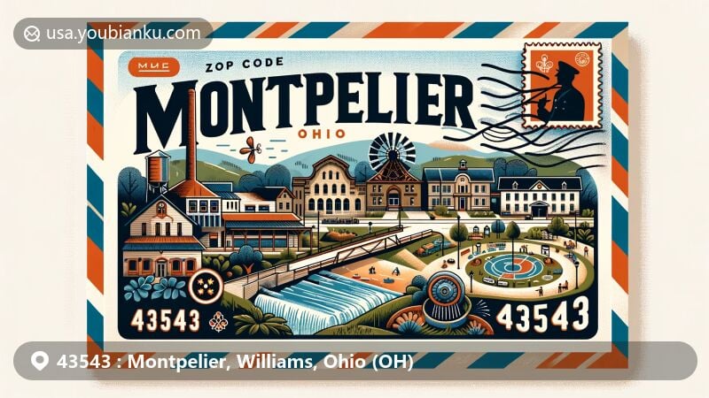 Modern illustration of Montpelier, Ohio, blending historical landmarks and community life, featuring town center, water mill, and municipal park with sports facilities.