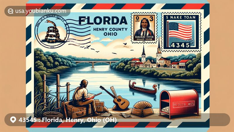 Modern illustration of Florida village, Henry County, Ohio, featuring Maumee River, Snake Town, Shawnee leader Snake, and historical postal elements with '43545' postal code.