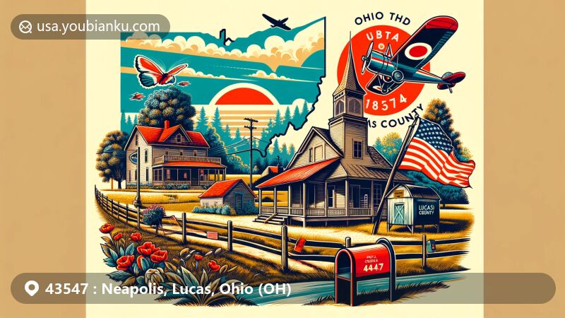 Modern illustration of Neapolis, Ohio, blending small-town charm with postal elements, featuring rural atmosphere, Ohio state flag, Lucas County silhouette, and old post office building since 1873.