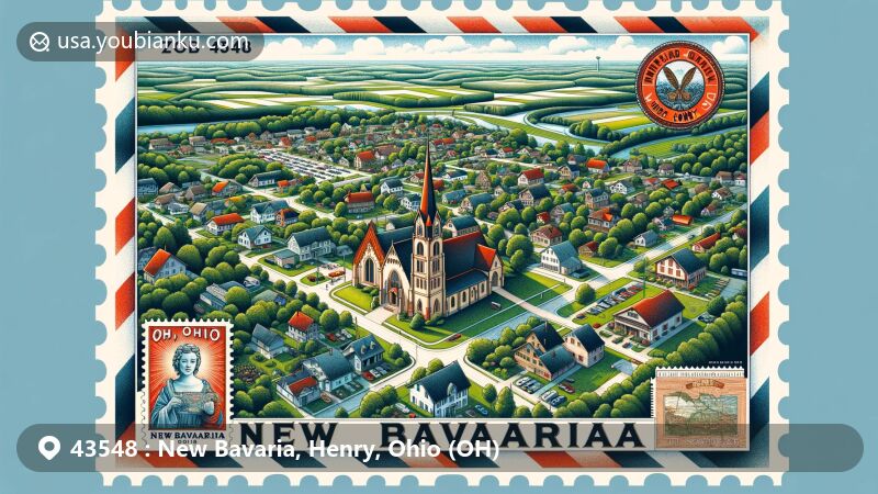 Modern illustration of New Bavaria, Ohio, capturing the village's charm with German heritage hints, including the Sacred Heart Catholic Church and postal theme elements, set in lush Henry County greenery.