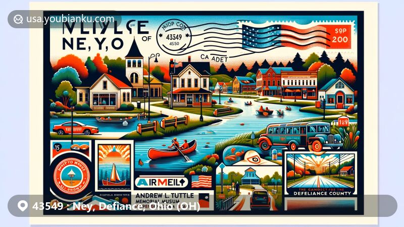 Modern illustration of Ney, Defiance, Ohio, highlighting ZIP code 43549, featuring Main Street, Independence Dam State Park, and outdoor activities like fishing and hiking.