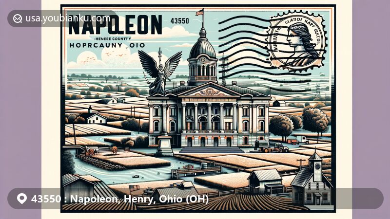 Modern illustration of Napoleon, Henry County, Ohio, featuring iconic Henry County Courthouse with Lady Justice statue, surrounded by agricultural landscape, Maumee River, and postal elements like postage stamp and postmark.