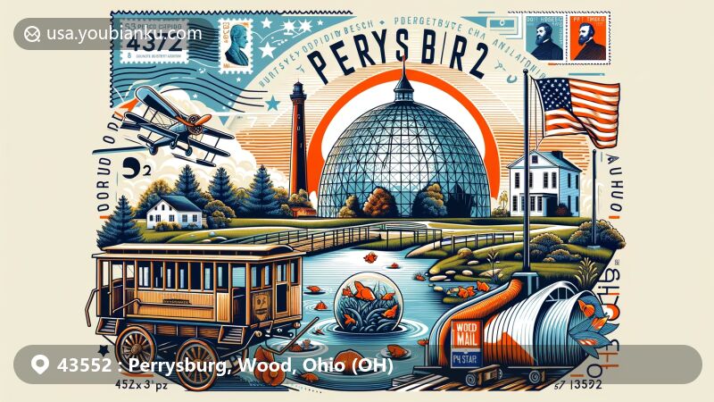 Modern illustration of Perrysburg, Wood County, Ohio, featuring iconic landmarks Fort Meigs and the 577 Foundation, blending postal elements like stamps with a sense of community and history.