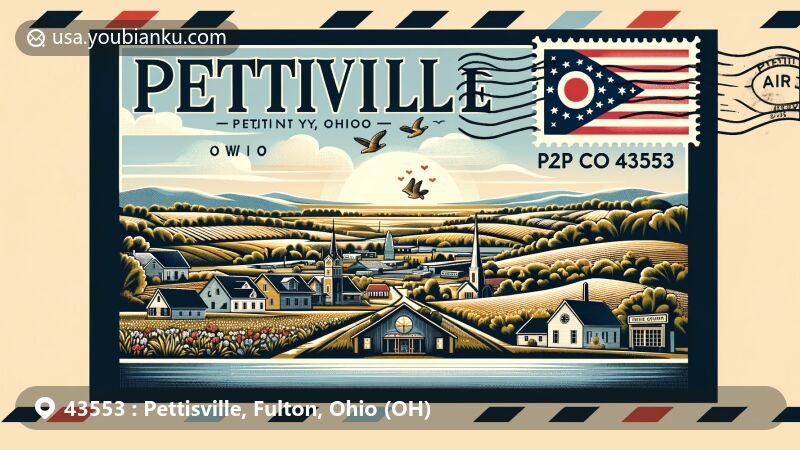 Modern illustration of Pettisville, Fulton County, Ohio, showcasing postal theme with ZIP code 43553, featuring Ohio state flag and rural essence of the town.