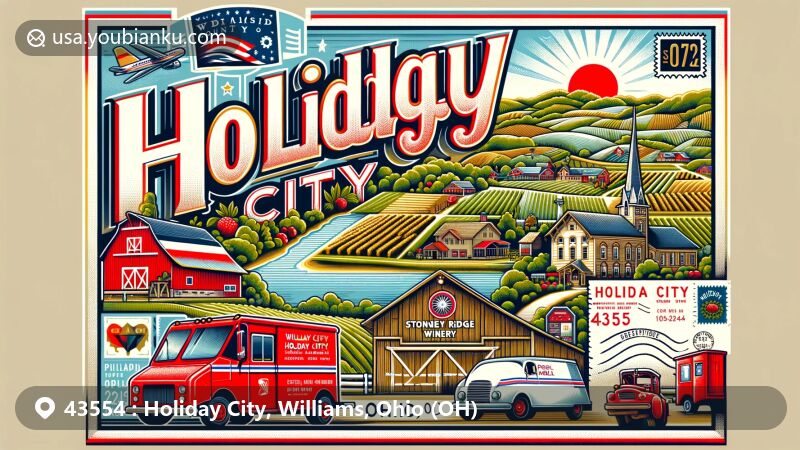 Modern illustration of Holiday City, Williams County, Ohio, capturing the charm of the region with postal elements like vintage postcards and mail trucks, featuring Opdycke Park, Stoney Ridge Winery, and Ohio state emblem.